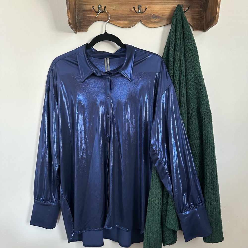 Gillian Liquid Shine Anthropologie Metallic Navy Blouse